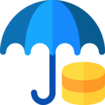 Blue umbrella icon with gold coins	