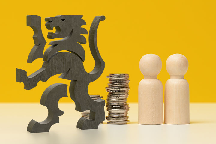 Black Lion protecting money and wooden figurines to portray income protection