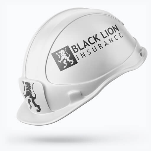 Hard hat featuring Black Lion Insurance logo, representing safety and protection for contractors