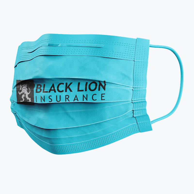 Medical Face Mask with Black Lion Insurance logo symbolising income protection for doctors