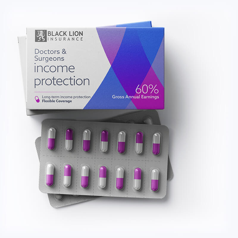 Blister pack of tablets with income protection branding symbolising prevention.